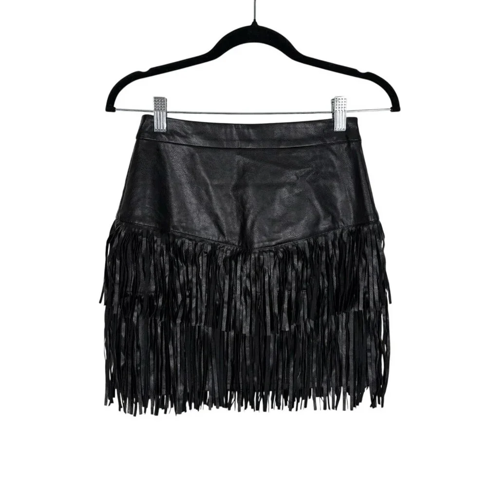 Altar’d State Wmn XS Gothic Grunge Biker Western Vegan Leather Fringe Mini Skirt